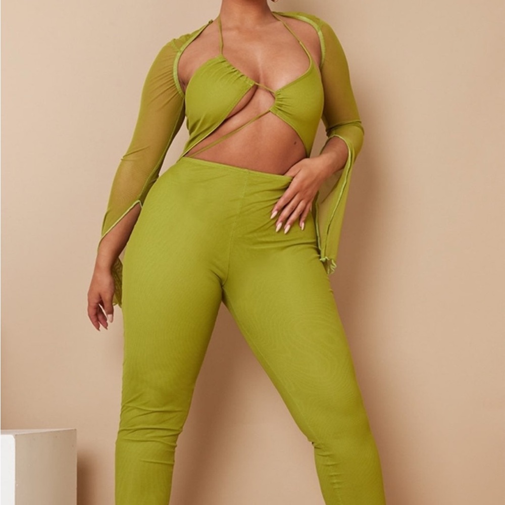 New Pretty Little Thing Shape Green Mesh Jumpsuit Size 4
